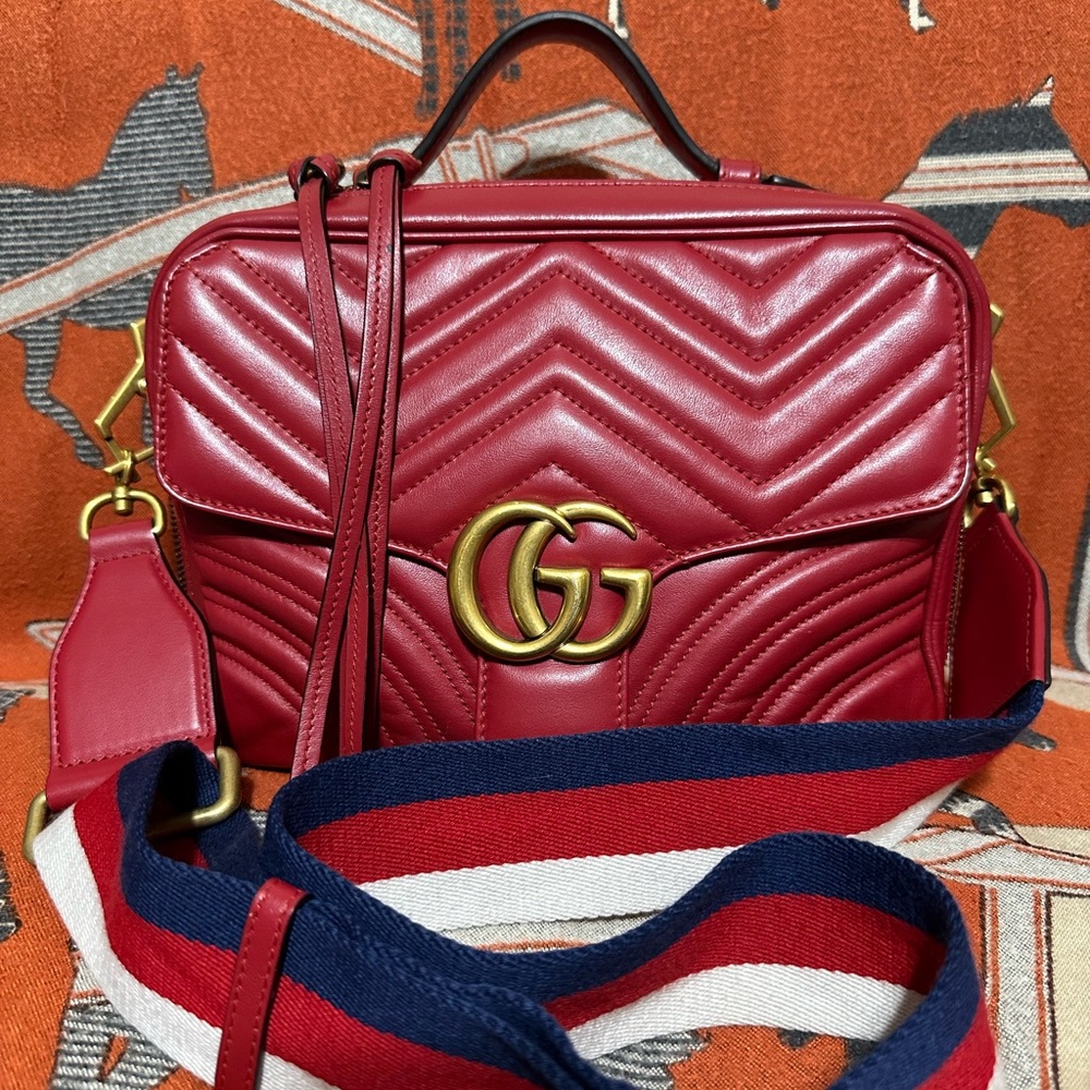 GUCCI ❤️🌟 GG MARMONT TOP HANDLE W/ DETACHABLE SYLVIE WEB LONG STRAP⭐️